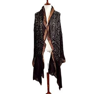 Vintage Y2K Artisan Black Silk Embroidered Drape Shawl Wrap with Gold Trim